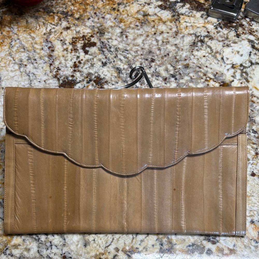 Tan Scalloped Clutch EEL SKIN